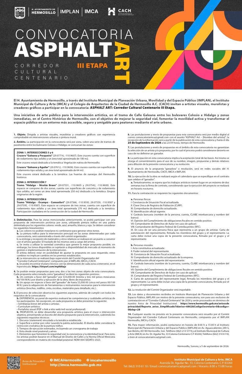 Lanza Gobierno de Hermosillo convocatoria Asphalt Art III Etapa para el Corredor Cultural Centenario