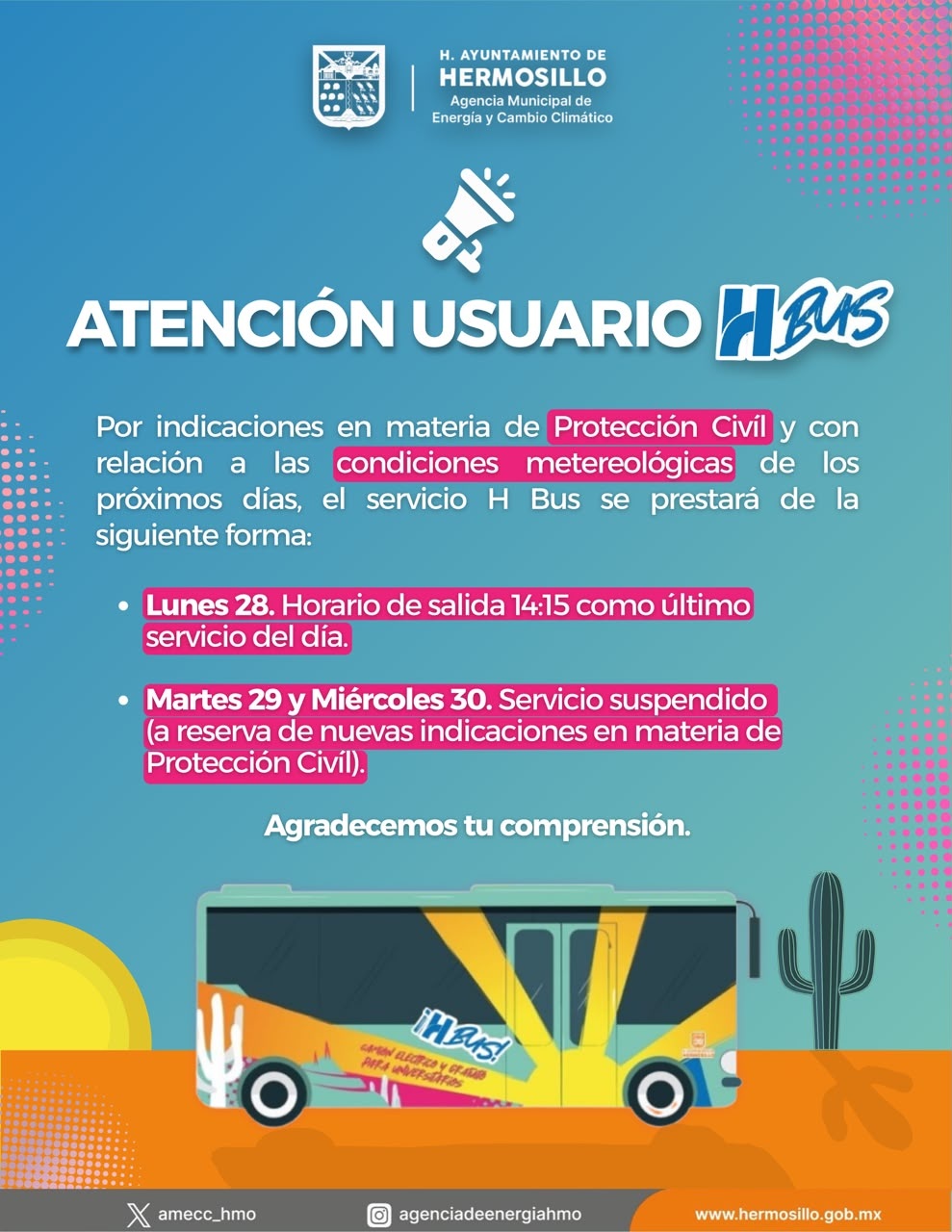 Ajusta H Bus servicio a estudiantes como medida preventiva ante condiciones meteorológicas por huracán "Polo"