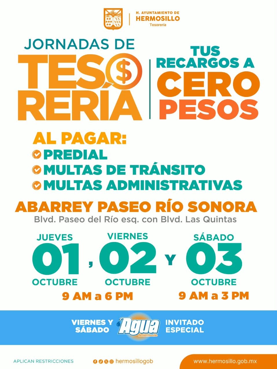 Anuncia Tesorería Municipal Jornadas de Recargos a Cero Pesos en Paseo Río Sonora